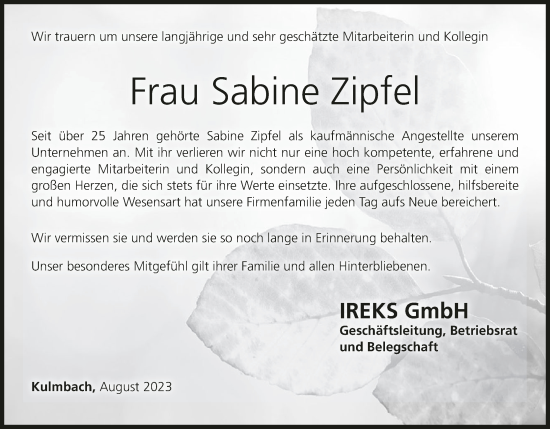 Anzeige von Sabine Zipfel von MGO