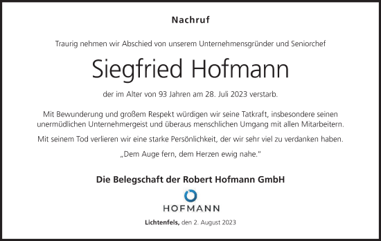 Anzeige von Siegfried Hofmann von MGO