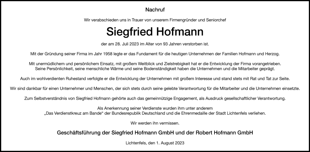  Traueranzeige für Siegfried Hofmann vom 01.08.2023 aus MGO