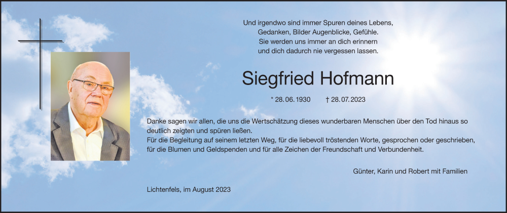  Traueranzeige für Siegfried Hofmann vom 26.08.2023 aus MGO