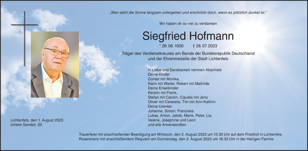  Traueranzeige für Siegfried Hofmann vom 01.08.2023 aus MGO