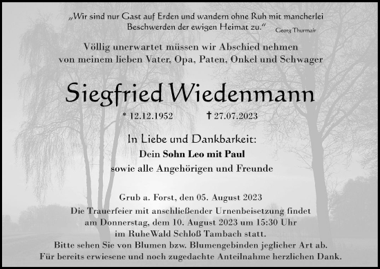 Anzeige von Siegfried Wiedenmann von MGO