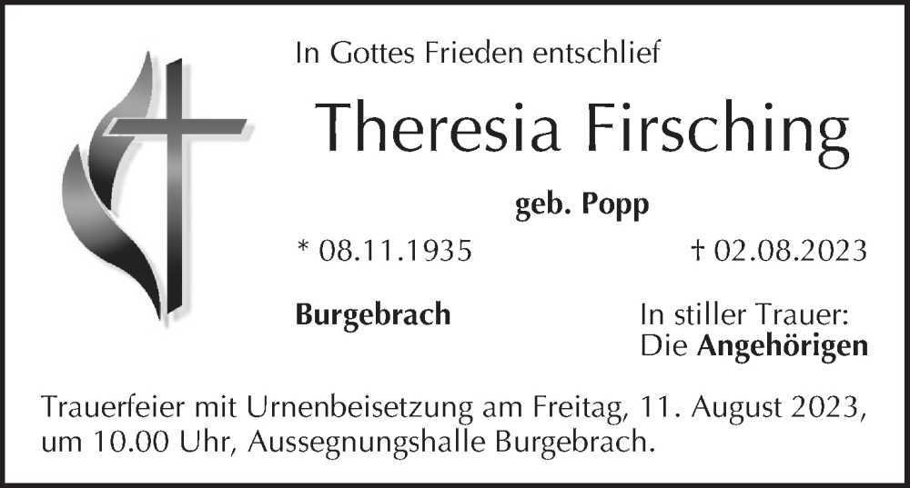 Traueranzeige für Theresia Firsching vom 05.08.2023 aus MGO