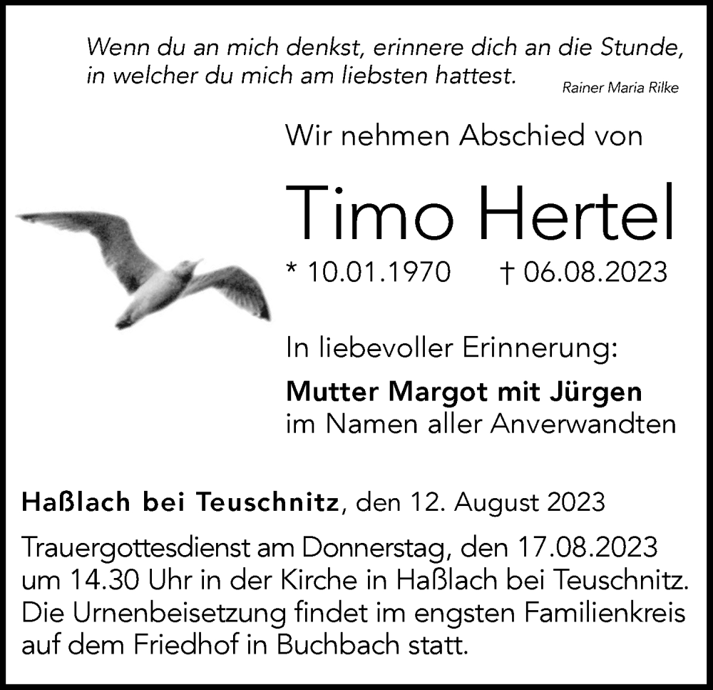  Traueranzeige für Timo Hertel vom 12.08.2023 aus MGO
