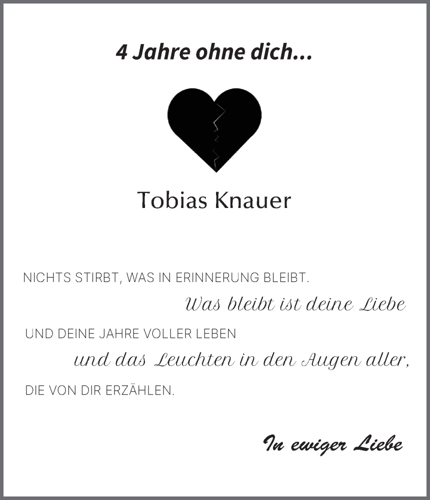 Traueranzeige für Tobias Knauer vom 29.08.2023 aus MGO