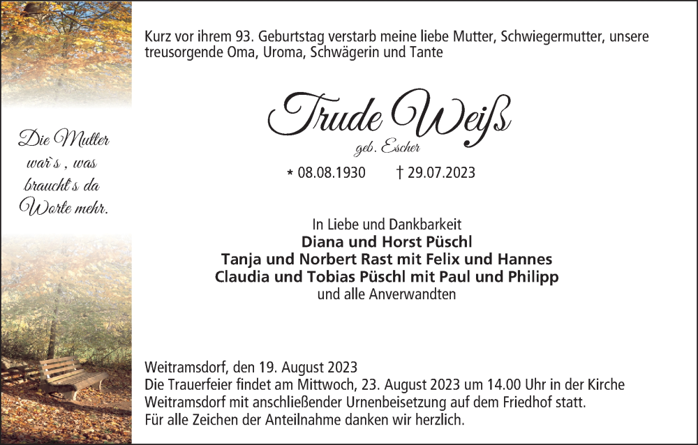  Traueranzeige für Trude Weiß vom 19.08.2023 aus MGO