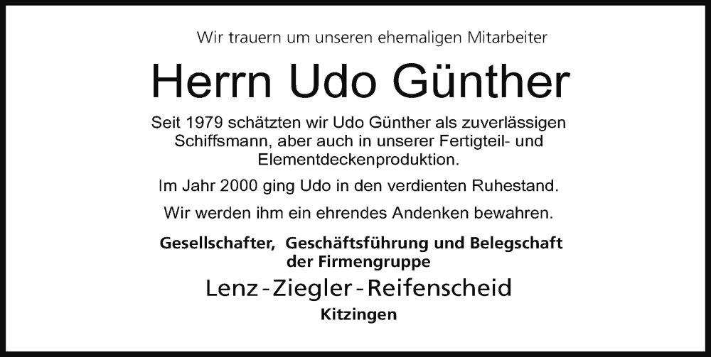  Traueranzeige für Udo Günther vom 17.08.2023 aus MGO