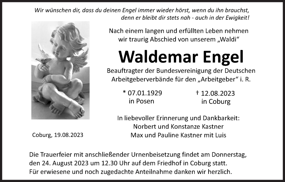 Traueranzeige für Waldemar Engel vom 19.08.2023 aus MGO