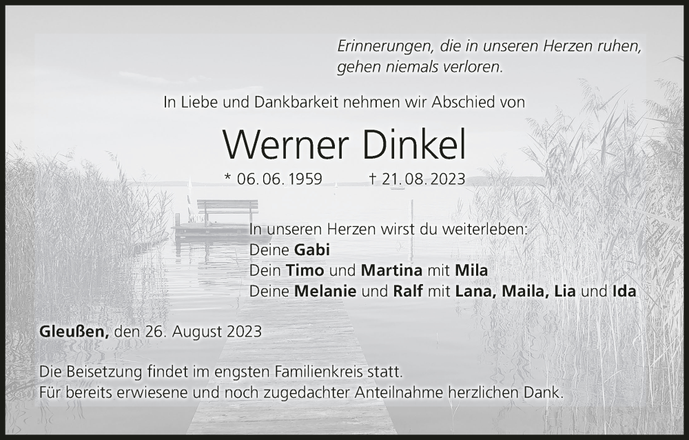  Traueranzeige für Werner Dinkel vom 26.08.2023 aus MGO