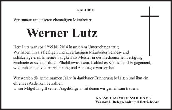 Anzeige von Werner Lutz von MGO
