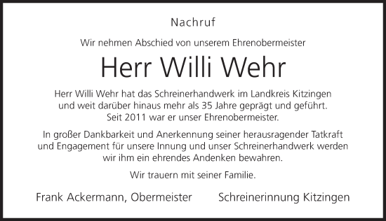 Anzeige von Willi Wehr von MGO