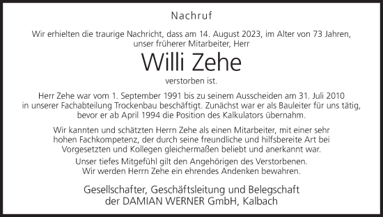 Anzeige von Willi Zehe von MGO