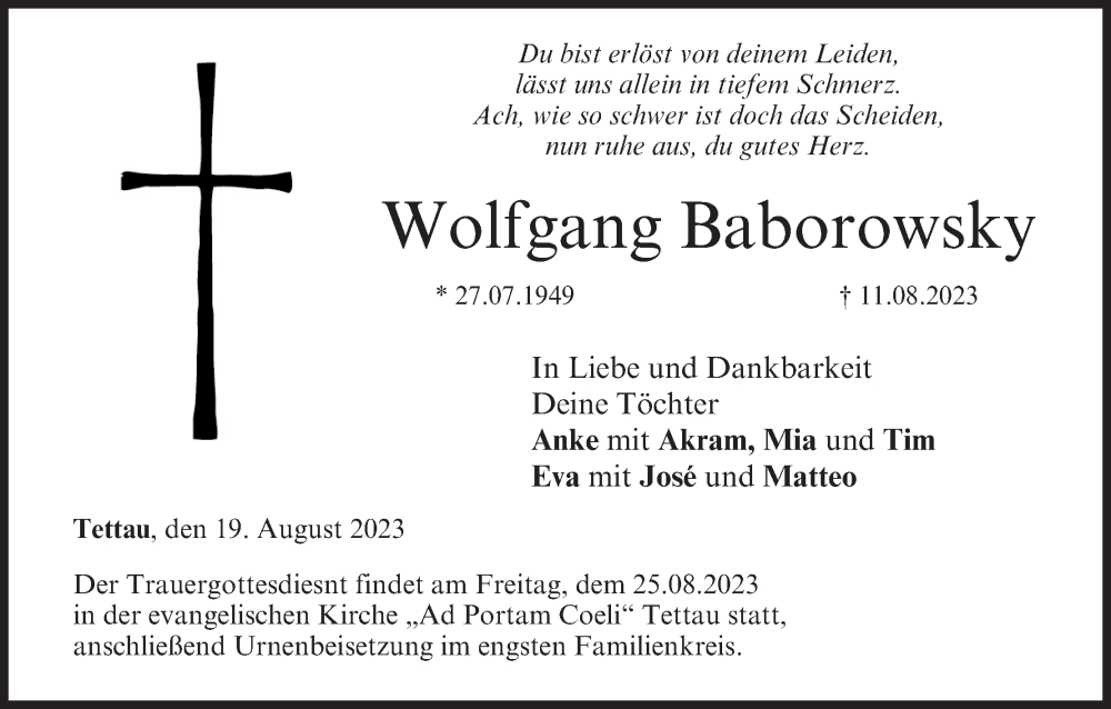  Traueranzeige für Wolfgang Baborowsky vom 19.08.2023 aus MGO