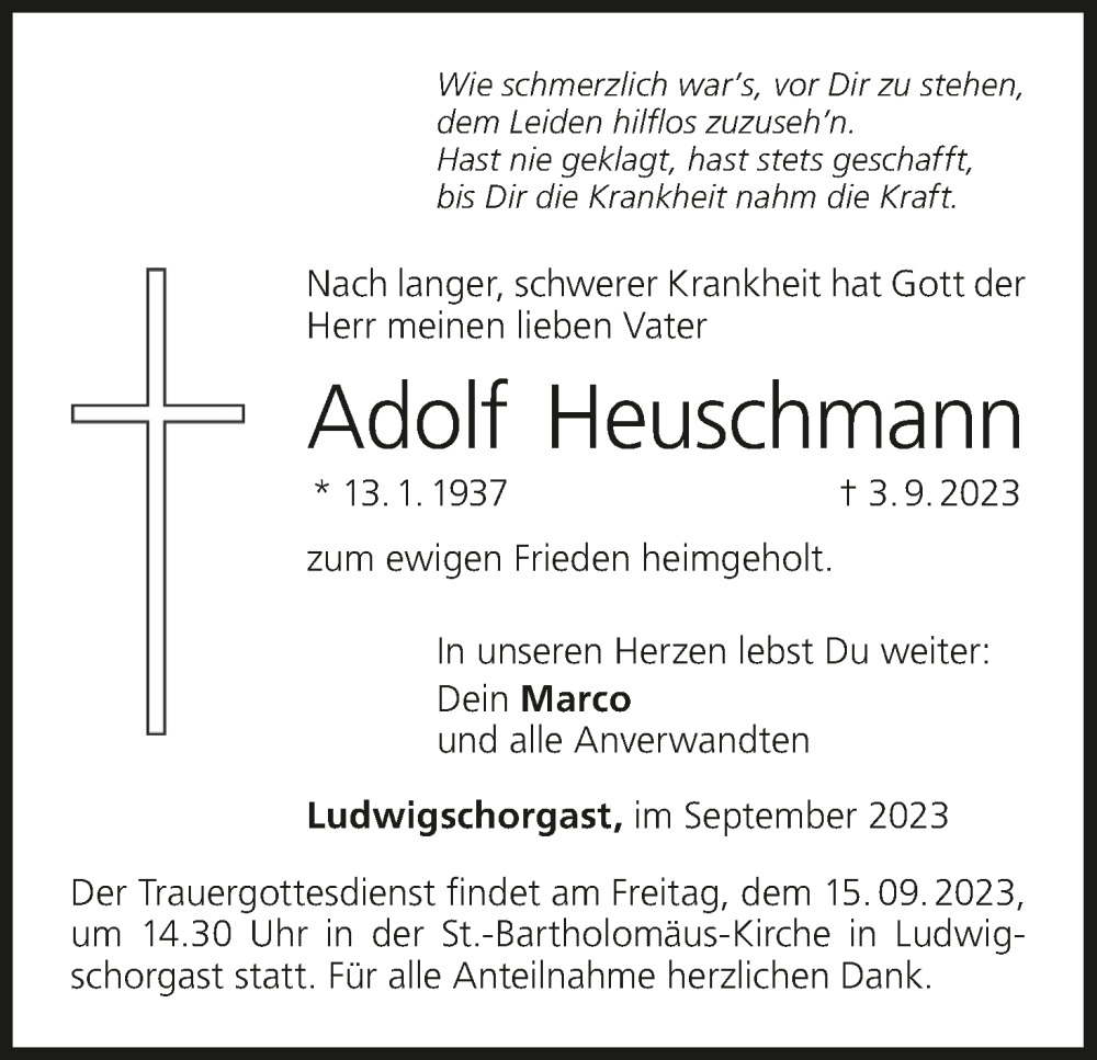  Traueranzeige für Adolf Heuschmann vom 09.09.2023 aus MGO