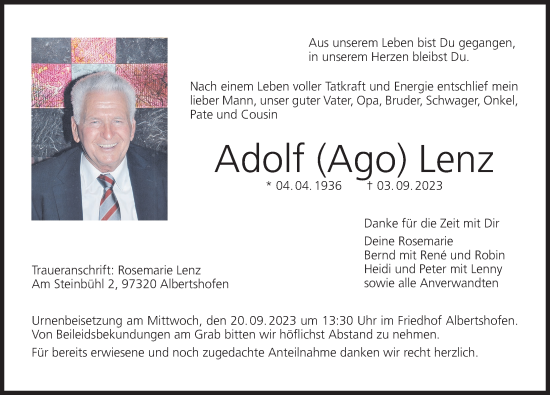 Anzeige von Adolf Lenz von MGO
