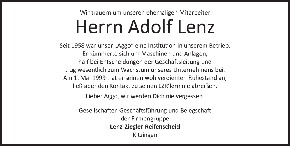  Traueranzeige für Adolf Lenz vom 16.09.2023 aus MGO
