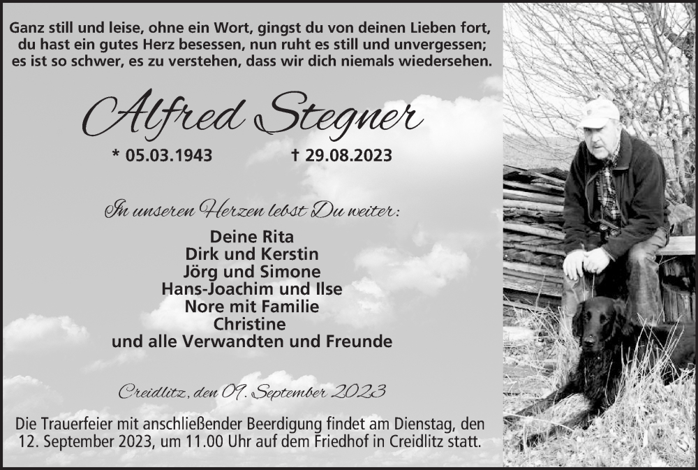  Traueranzeige für Alfred Stegner vom 09.09.2023 aus MGO