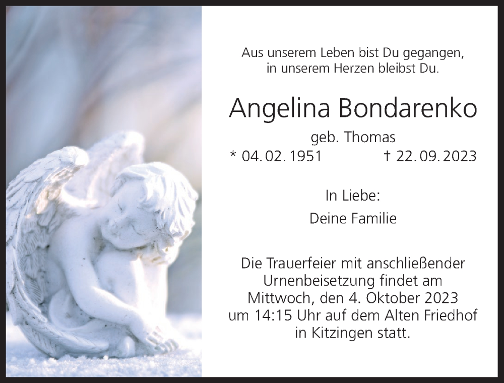  Traueranzeige für Angelina Bondarenko vom 30.09.2023 aus MGO
