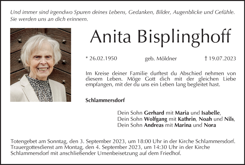  Traueranzeige für Anita Bisplinghoff vom 01.09.2023 aus MGO