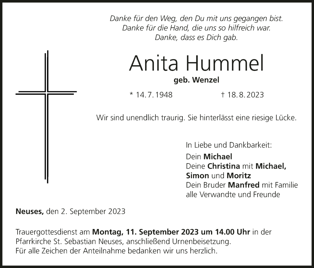  Traueranzeige für Anita Hummel vom 02.09.2023 aus MGO