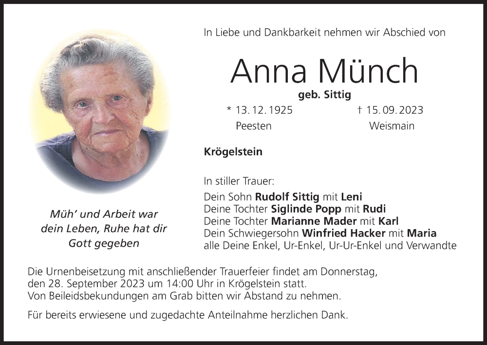  Traueranzeige für Anna Münch vom 26.09.2023 aus MGO