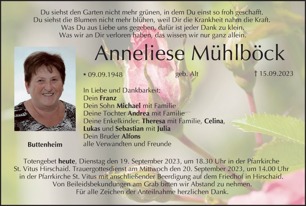  Traueranzeige für Anneliese Mühlböck vom 19.09.2023 aus MGO