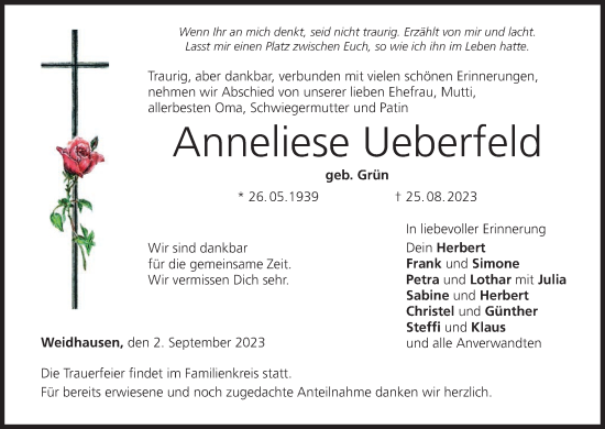 Anzeige von Anneliese Ueberfeld von MGO