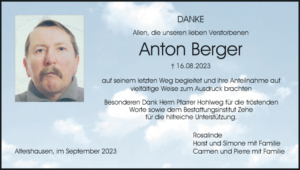  Traueranzeige für Anton Berger vom 09.09.2023 aus MGO