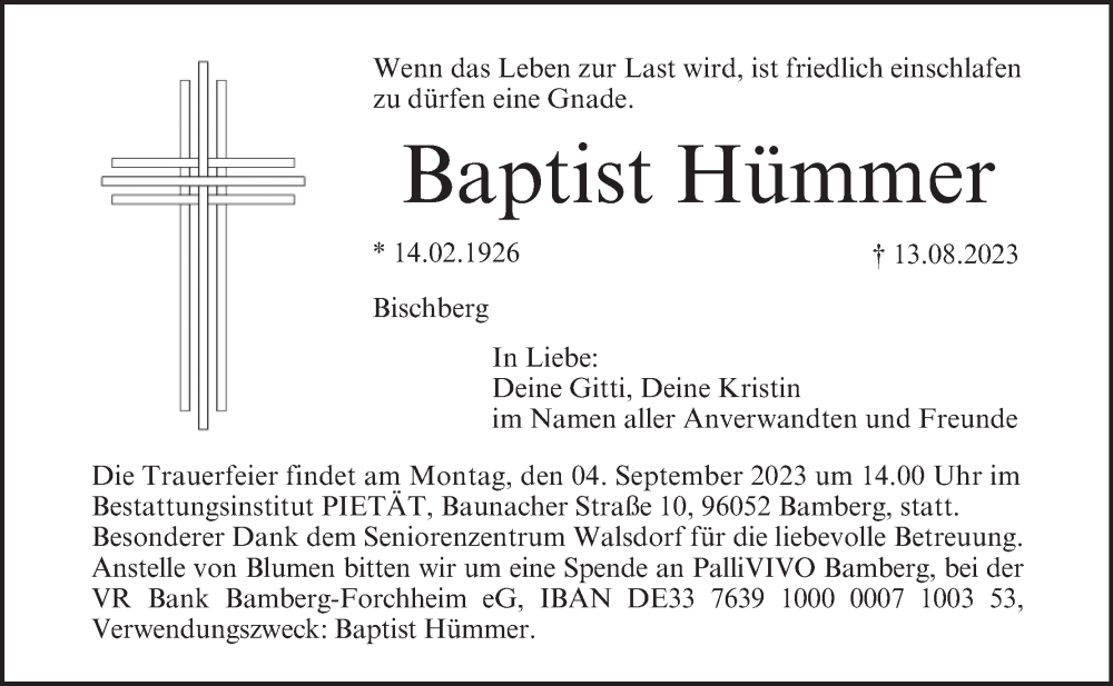  Traueranzeige für Baptist Hümmer vom 02.09.2023 aus MGO