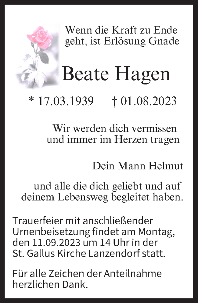  Traueranzeige für Beate Hagen vom 02.09.2023 aus MGO