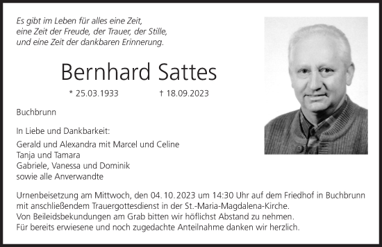 Anzeige von Bernhard Sattes von MGO