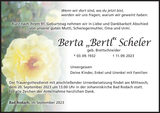 Anzeige von Berta  Scheler von MGO