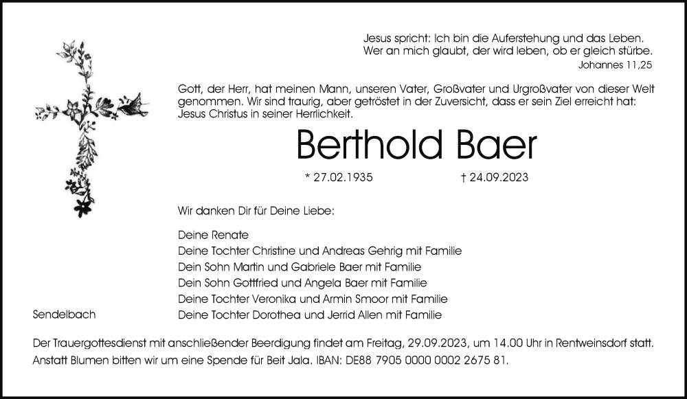  Traueranzeige für Berthold Baer vom 27.09.2023 aus MGO