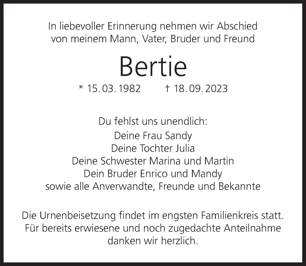  Traueranzeige für Bertie  vom 23.09.2023 aus MGO