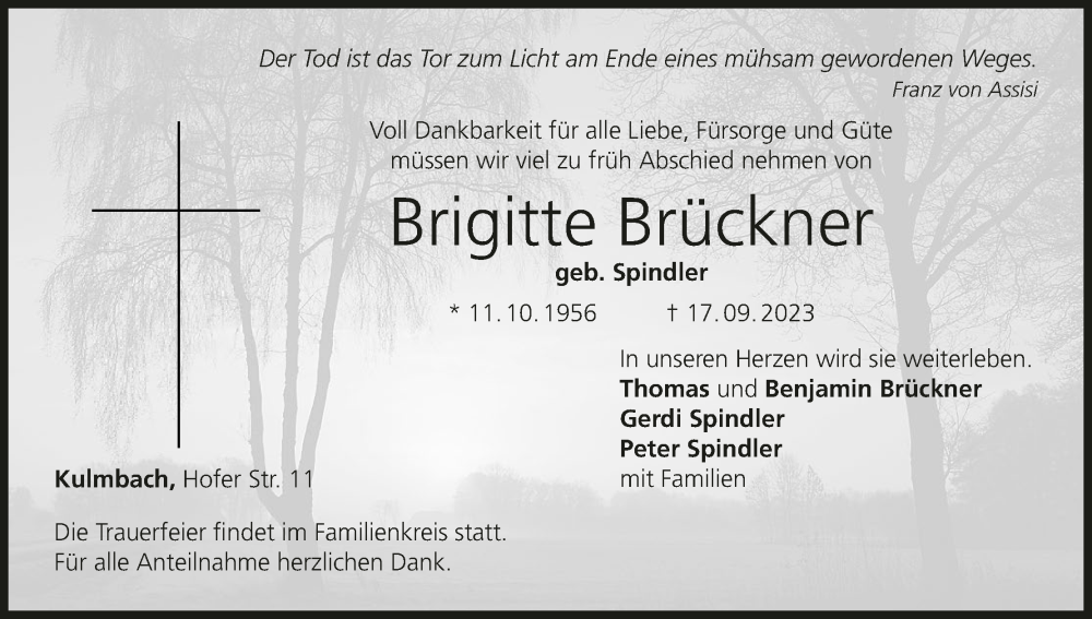  Traueranzeige für Brigitte Brückner vom 23.09.2023 aus MGO