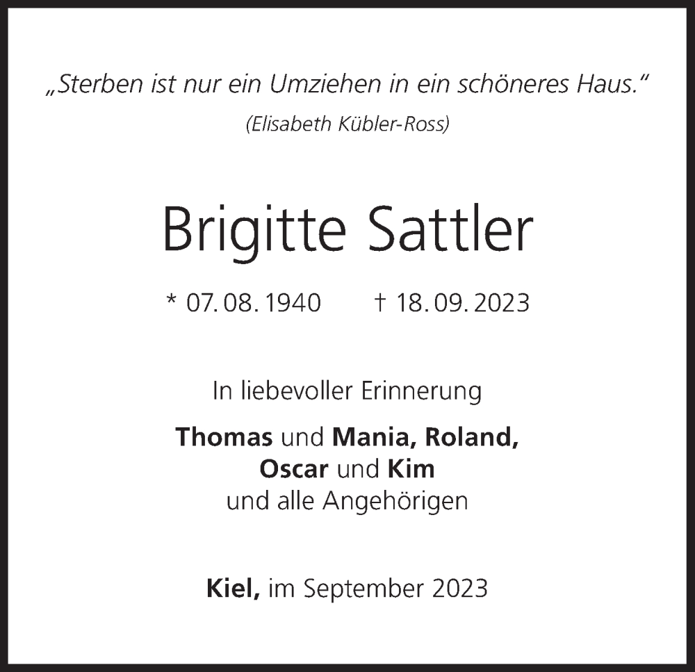  Traueranzeige für Brigitte Sattler vom 23.09.2023 aus MGO