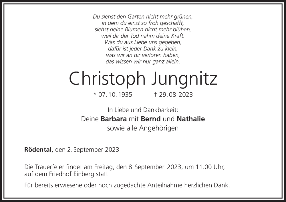  Traueranzeige für Christoph Jungnitz vom 02.09.2023 aus MGO