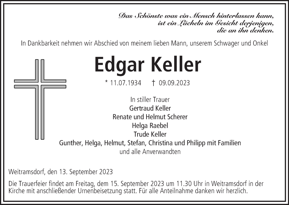  Traueranzeige für Edgar Keller vom 13.09.2023 aus MGO