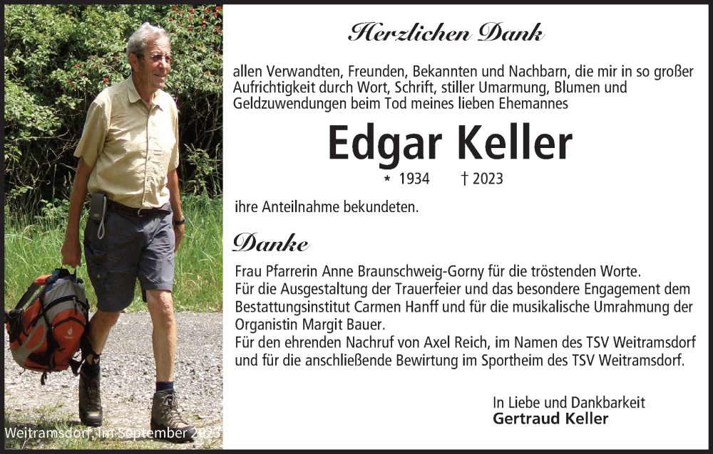  Traueranzeige für Edgar Keller vom 30.09.2023 aus MGO