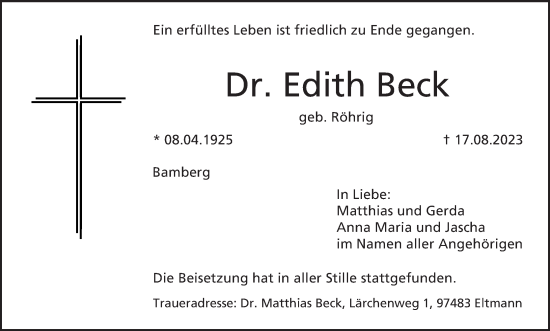 Anzeige von Edith Beck von MGO