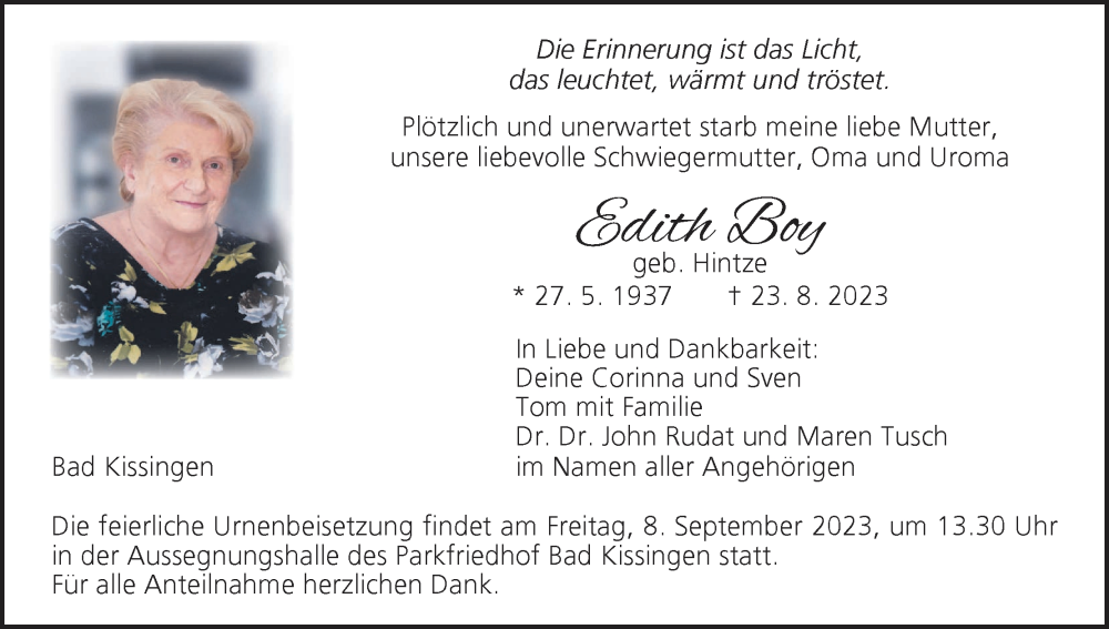  Traueranzeige für Edith Boy vom 02.09.2023 aus MGO