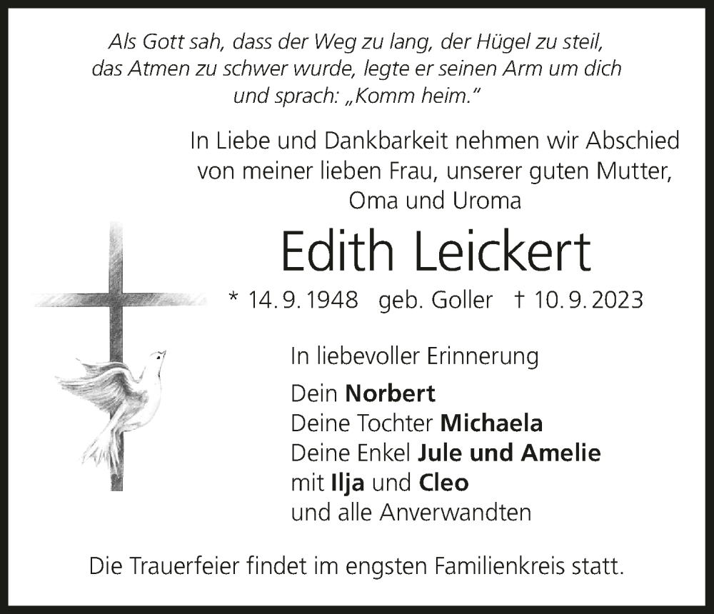  Traueranzeige für Edith Leickert vom 16.09.2023 aus MGO