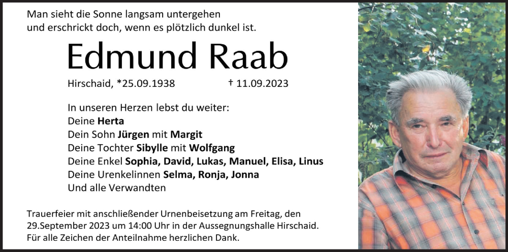  Traueranzeige für Edmund Raab vom 23.09.2023 aus MGO