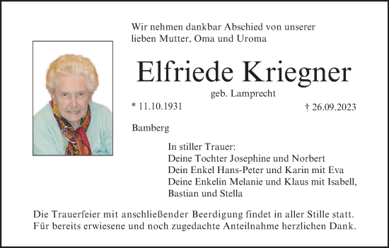 Anzeige von Elfriede Kriegner von MGO