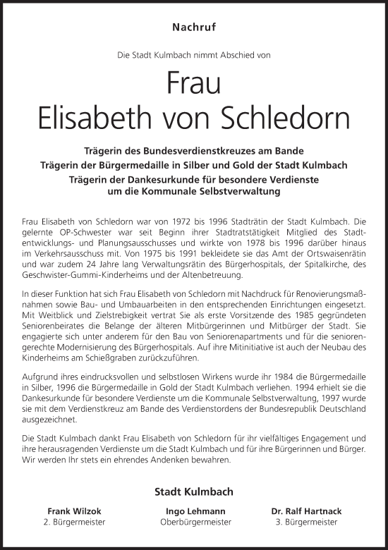 Anzeige von Elisabeth von Schledorn von MGO