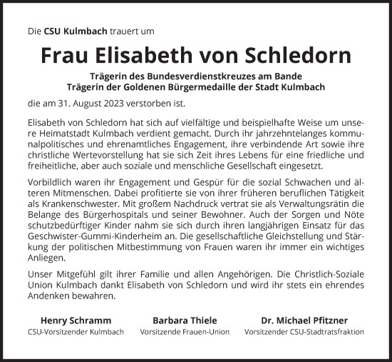 Anzeige von Elisabeth von Schledorn von MGO