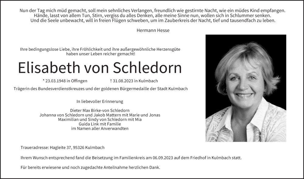  Traueranzeige für Elisabeth von Schledorn vom 09.09.2023 aus MGO