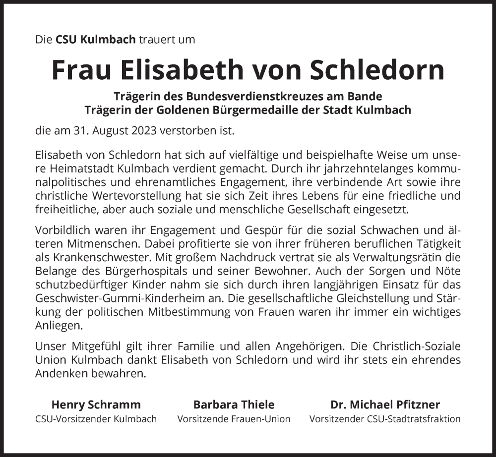  Traueranzeige für Elisabeth von Schledorn vom 09.09.2023 aus MGO