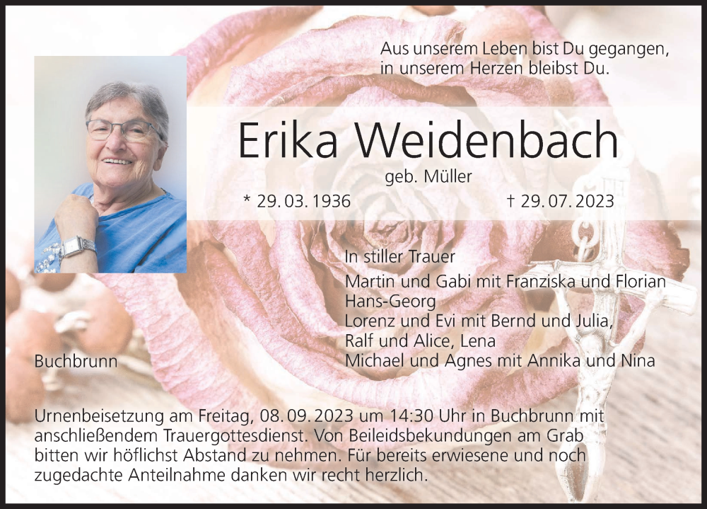  Traueranzeige für Erika Weidenbach vom 02.09.2023 aus MGO