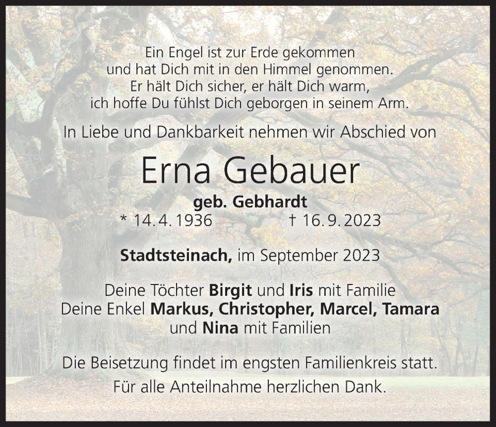  Traueranzeige für Erna Gebauer vom 23.09.2023 aus MGO